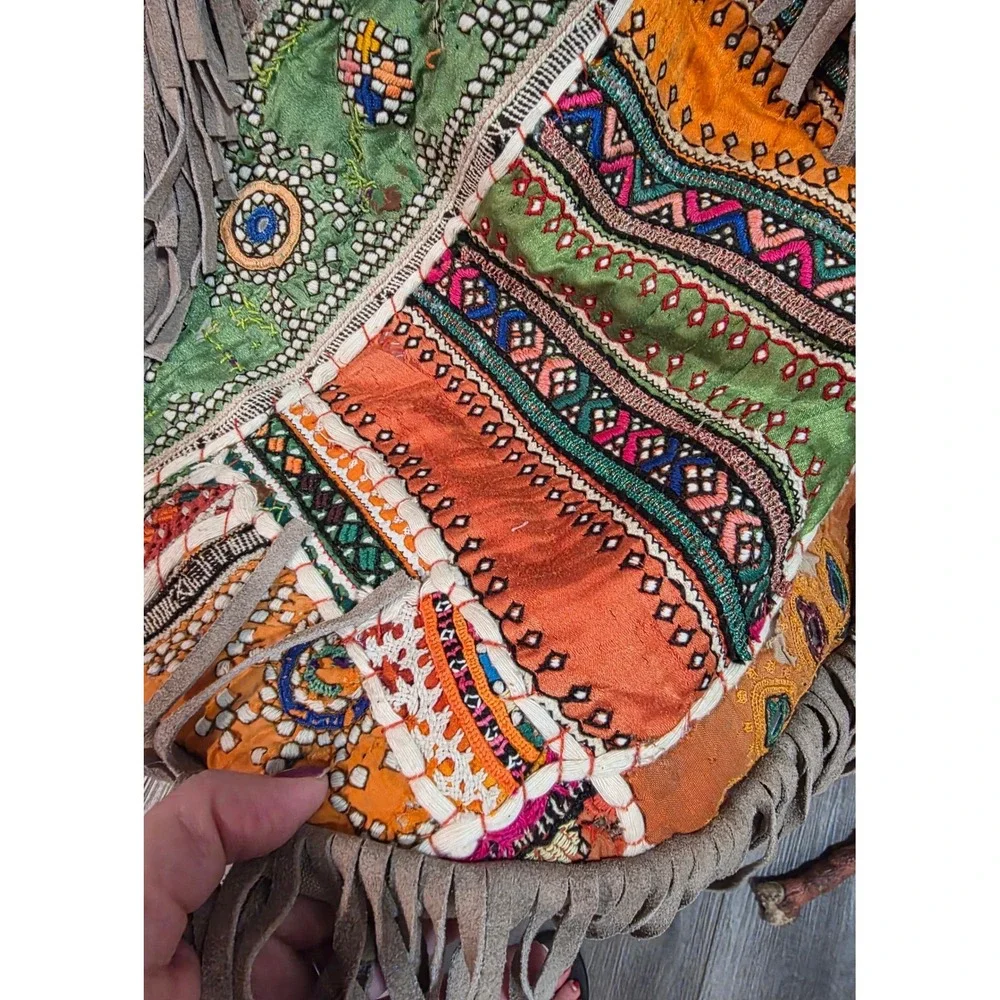 Ricki Designs Women OS Tote Bag Tan Multicolor Embroidered Fringe Boho Festival